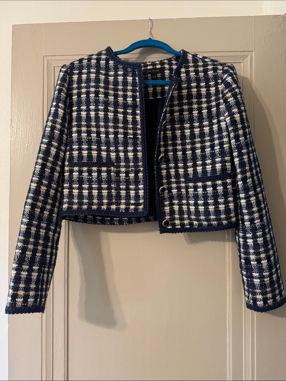 Cropped Navy and White Tweed Jacket